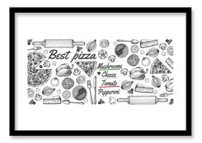  drawing, pizza, table, organic food ingredients. Hand drawn pizza illustration. Great for menu, poster or label.