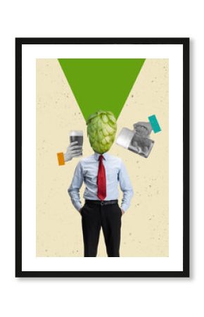 Contemporary art collage of businessman in suit with hop instead head visiting Oktoberfest