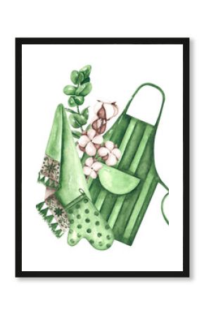 Kitchen textiles watercolor illustration. Green apron, towel, culinary mitten. Cookbook, recipe, chef, pastry, bakery. Illustration isolated. For printing on postcards, logos, stickers, tags.