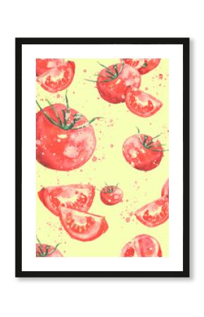 Seamless watercolor pattern of red tomatoes. Vintage drawing of vegetables. For used on card, wallpaper, poster, banner, panel or frame. Vegetables, red tomatoes, cherry tomatoes, watercolor.Vintage