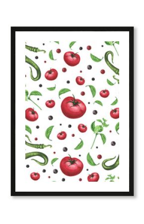 Fresh tomatoes, basil, chili pepper seamless pattern on white. Watercolor hand drawing illustration. Art for decoration