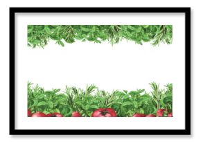 Frame with rosemary, basil, tomatoes, chili pepper. Watercolor banner. Illustration for packaging,template, menu, poster