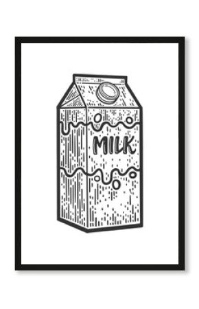 Milk box container sketch engraving raster illustration. T-shirt apparel print design. Scratch board imitation. Black and white hand drawn image.