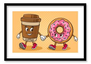coffee and donut friends walking together pop art retro raster illustration. Comic book style imitation.