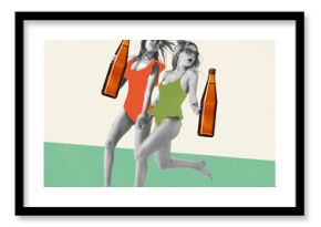 Happy young girls running with beers. Contemporary art collage. magazine style. Concept of summer, vacation, fun, joy, drinks and snacks, oktoberfest, ad