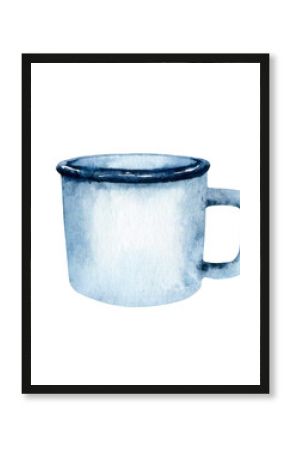 White enamel retro mug. Hand painted watercolor illustration, hiking mug