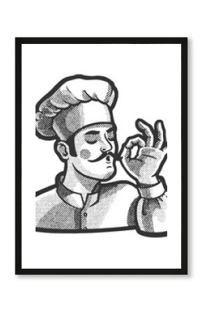 bellissimo gesture chef cook sketch halftone pattern raster illustration. Scratch board imitation. Black and white hand drawn image.