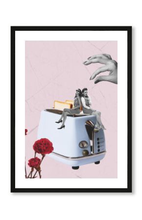 Contemporary art collage. Stylish young women sitting on retro device making toast bread. Breakfast