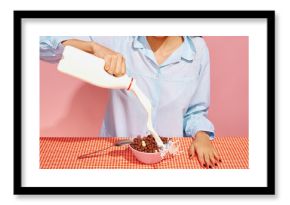 Cropped portrait of woman making cornflakes with milk. Retro 80s, 70s style. Complementary colors. Concept of art, beauty, minimalism