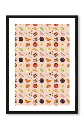 Traditional English Breakfast Seamless Pattern, Watercolor Breakfast print, Morning meal background, Fried eggs, bacon, toast, tomato, mushrooms, baked beans, sausages, black pudding