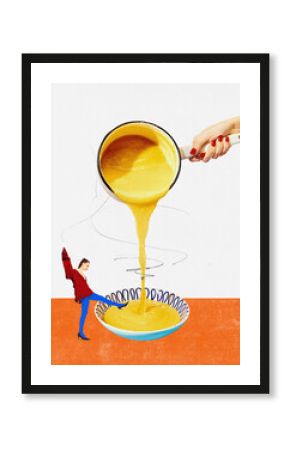 Food pop art photography. Surrealism. New ideas, crazy mood. Contemporary art collage. Concept of creativity, degustation, surreal art, retro style.