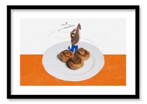 Mushrooms on plate. Food pop art photography. Surrealism. New ideas, crazy mood. Contemporary art collage. Concept of creativity, degustation, surreal art, retro style.