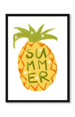 Hand drawn illustration of yellow pineapple with green leaves word summer. Sketch sticker logo design, sweet tropical holiday food, vitamin vegetarian dessert plant exotic tropic diet.