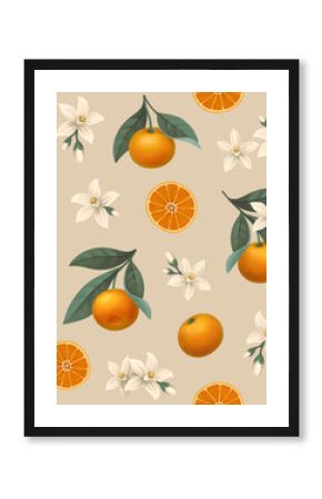 Hand painted illustration of orange tree branch. Seamless pattern design. Perfect for fabrics, wallpapers, clothes, home textile, posters, packaging design, stationery and other goods