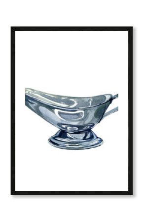 Metal silver gravy boat isolated on white background. Watercolor hand draw realistic illustration. Art for design poster