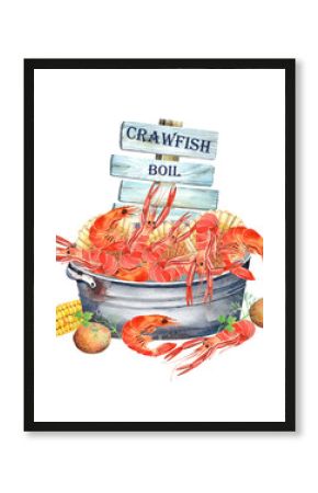 Seafood Crawfish Boil, Louisiana clipart, Shrimps, Fish, Beer, Squid Kitchen  Illustration, printable poster.  Isolated element on a white background. Hand painted in watercolor.