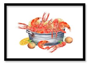 Seafood Crawfish Boil, Louisiana clipart, Shrimps, Fish, Beer, Squid Kitchen  Illustration, printable poster.  Isolated element on a white background. Hand painted in watercolor.