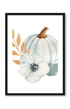 Vintage pumpkin, flower and leaves isolated on white background. Watercolor hand-painted illustration. Autumn poster