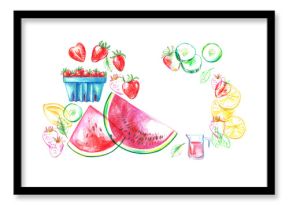 Hand drawn summer smoothie recipe illustration, glass and ingredients poster