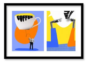 Contemporary art collage. Modern creative artwork. Set made of posters about coffee time, break. Energy drink.