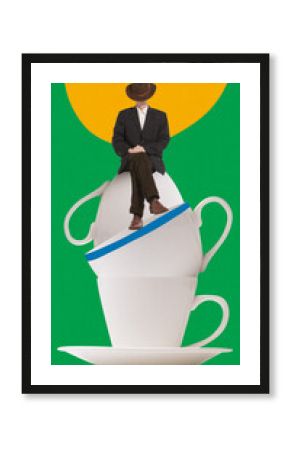 Contemporary art collage. Modern creative artwork. Man with hat, cap on face sitting on mountain of coffee cups overdrawn background.
