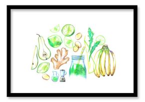 Hand drawn summer smoothie recipe illustration, glass and ingredients poster.
