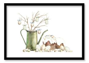 Watercolor Easter composition of Easter cake, eggs and twigs. Easter holiday illustration hand drawn. Sketch on isolated background for greeting cards, invitations, happy holidays, posters, graphic