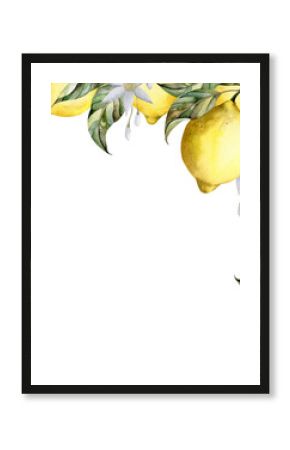 Hand-drawn watercolor illustration with lemon on a branch with leaves. Composition for decoration and design posters, postcards, banners