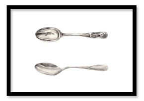 Watercolor drawing of silver vintage teaspoons. Illustration hand drawn on white background, suitable for menu design, packaging, poster, website, textile, invitation, brochure, textile.