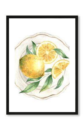 Watercolor composition, top view, juicy lemons with green leaves lie on a plate. The illustration is drawn by hand. Drawing for menu design, packaging, poster, website, textile, invitations.