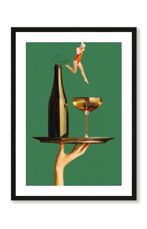 Poster. Contemporary art collage. Swimmer jumps from wine bottle diving to cocktail glass against green background. Concept of food and drink, vegetarian, vitamins, energy, nutrition. Ad