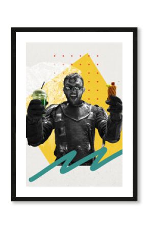Poster. Knight in monochrome with triumphing expression holds street food against background with colorful abstract elements. Concept of food and drinks, delivery service. Trendy magazine style. Ad