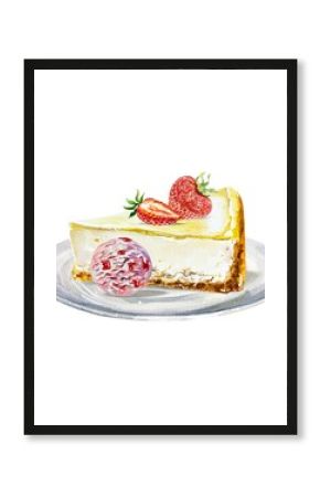 Cheesecake with strawberries, a scoop of ice cream on a saucer Watercolor illustration on white background Birthday cards, invitations, menus, posters