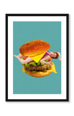 Yung woman lying inside juicy burger against green background. Fast food lover. Contemporary art collage. Concept of food, pop art, surrealism. Creative colorful design.