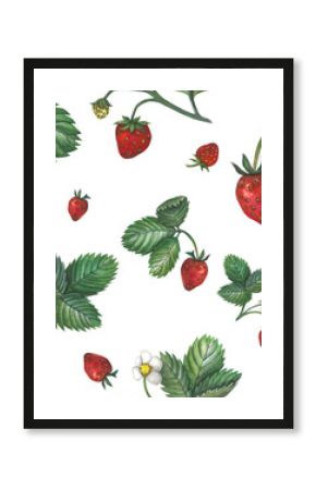 Watercolor seamless pattern of strawberries with leaves. Hand-drawn, isolated on a transparent background