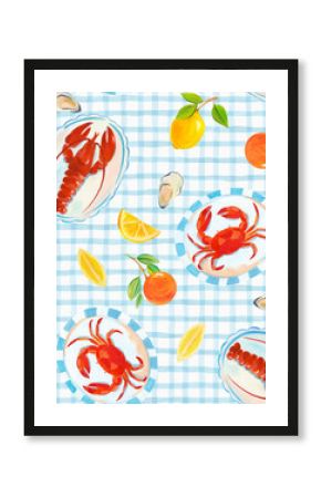 Beautiful seamless pattern with watercolor hand drawn seafood and fruits. Lobster and crab on dishes with lemons on white and blue tablecloths. Mediterranean print design. Italian style pattern.