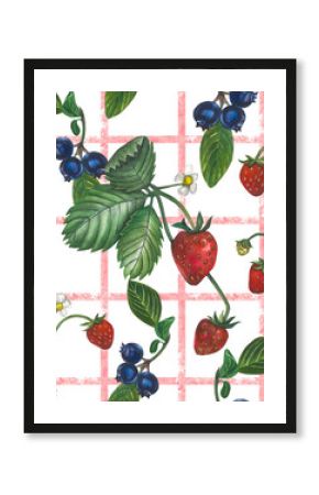 Watercolor seamless pattern of strawberry and blueberry, with leaves and flower in a checkered pattern. Hand-drawn, isolated on transparent background