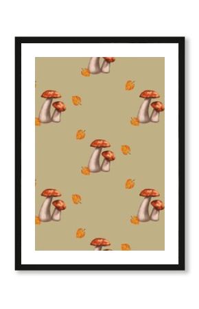 Seamless pattern with forest mushrooms and autumn leaves. Illustration for greeting card, wedding invitation, poster, flyer, cover, banner, social media, Thanksgiving, harvest and autumn season.