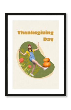 Creative poster collage of funny young girl pumpkin shopping thanksgiving day celebration holiday concept unusual fantasy billboard comics