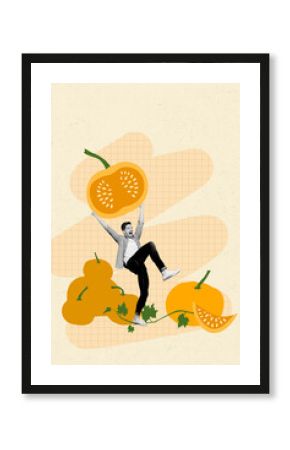 Creative poster collage of funny young man hold pumpkin thanksgiving day celebration holiday concept unusual fantasy billboard comics