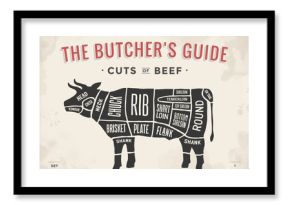 Cut of beef set. Poster Butcher diagram and scheme - Cow. Vintage typographic hand-drawn. Illustration.