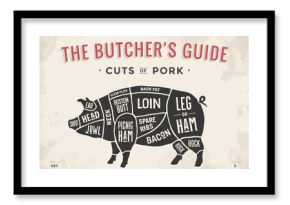 Cut of meat set. Poster Butcher diagram, scheme and guide - Pork. Vintage typographic hand-drawn. Illustration.