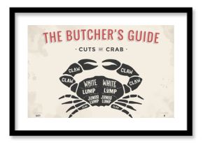 Cut of meat set. Poster Butcher diagram and scheme - Crab