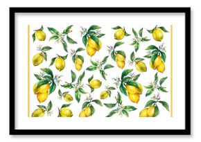 The background of the branches of fresh citrus fruit lemons with green leaves and flowers. Hand drawn watercolor painting on white background.