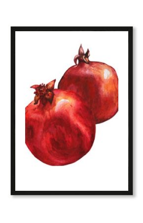 Illustration of ripe pomegranate fruit. Hand drawn watercolor painting on white background.