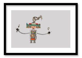 Cooking kitchen chef fork and spoon in arms. Funny toy robot for restaurant food menu advertising poster. Cyborg made electric wires transistors electronic on gray background. Copy space photo