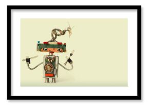 Culinary conceptual robotic toy fork spoon. Funny chef robot character for restaurant food menu advertising poster. Cyborg electric wires transistors body on beige gray background. Copy space photo