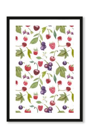 Set of hand drawn berries isolated on white background. Blackcurrant, cherry, raspberry. Watercolor hand drawn sketch berries. Seamless pattern.