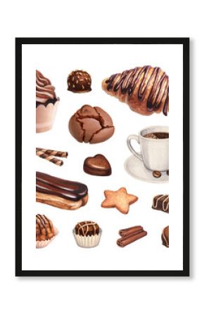 Watercolor illustration of coffee and desserts