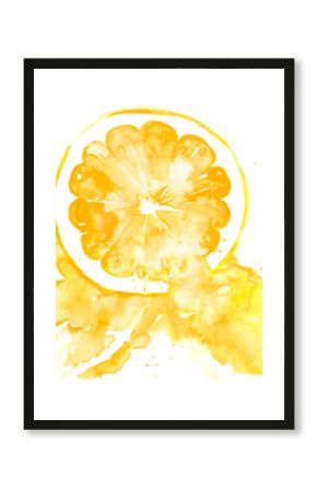 Illustration of yellow citrus, orange, lemon, mandarin painted watercolor. Spray juice, a splash of paint. Watercolor poster, logo with the image of citrus, orange . On an isolated white background.